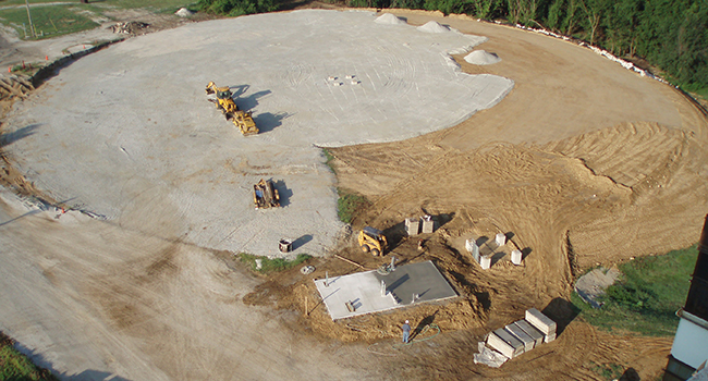 High overhead exterior view of a ground pile in progress