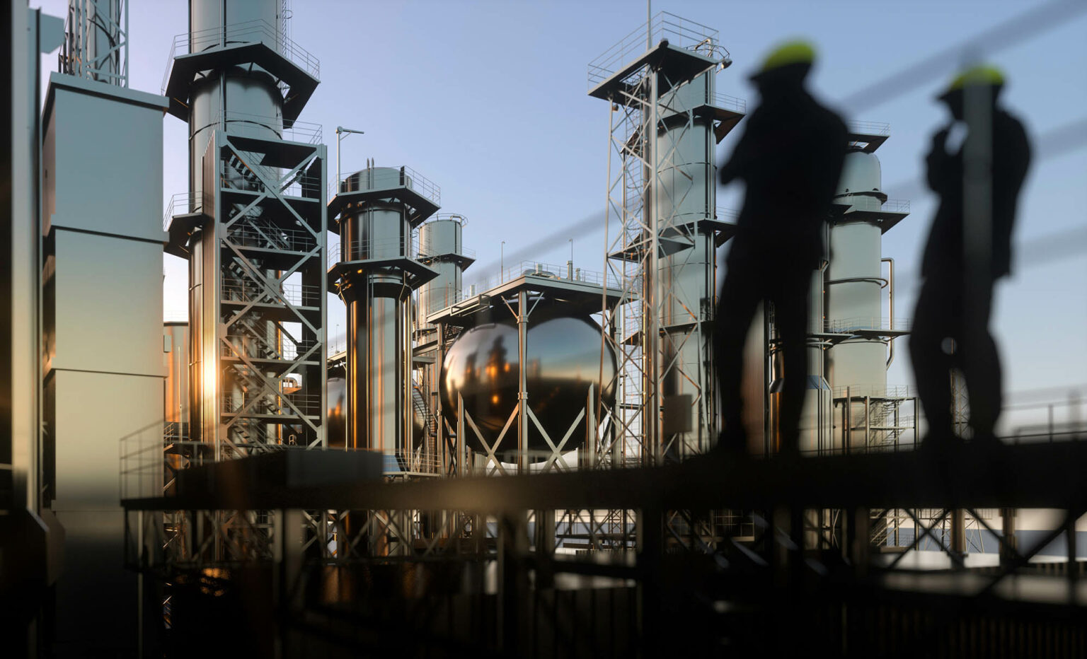 Wide exterior view of a large structural engineering job with workers blurred in the foreground