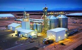 Overhead exterior view of a plant at night with exterior lights glowing