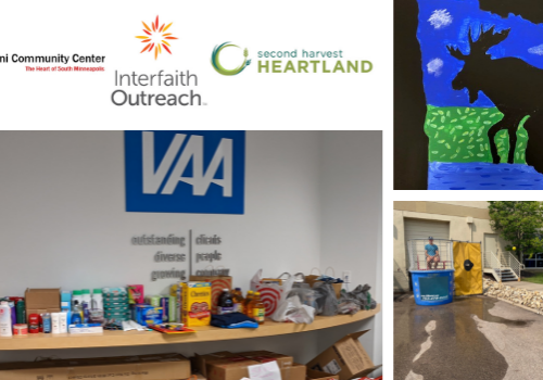 A collage of VAA community causes, featuring food shelf collection and a dunking booth