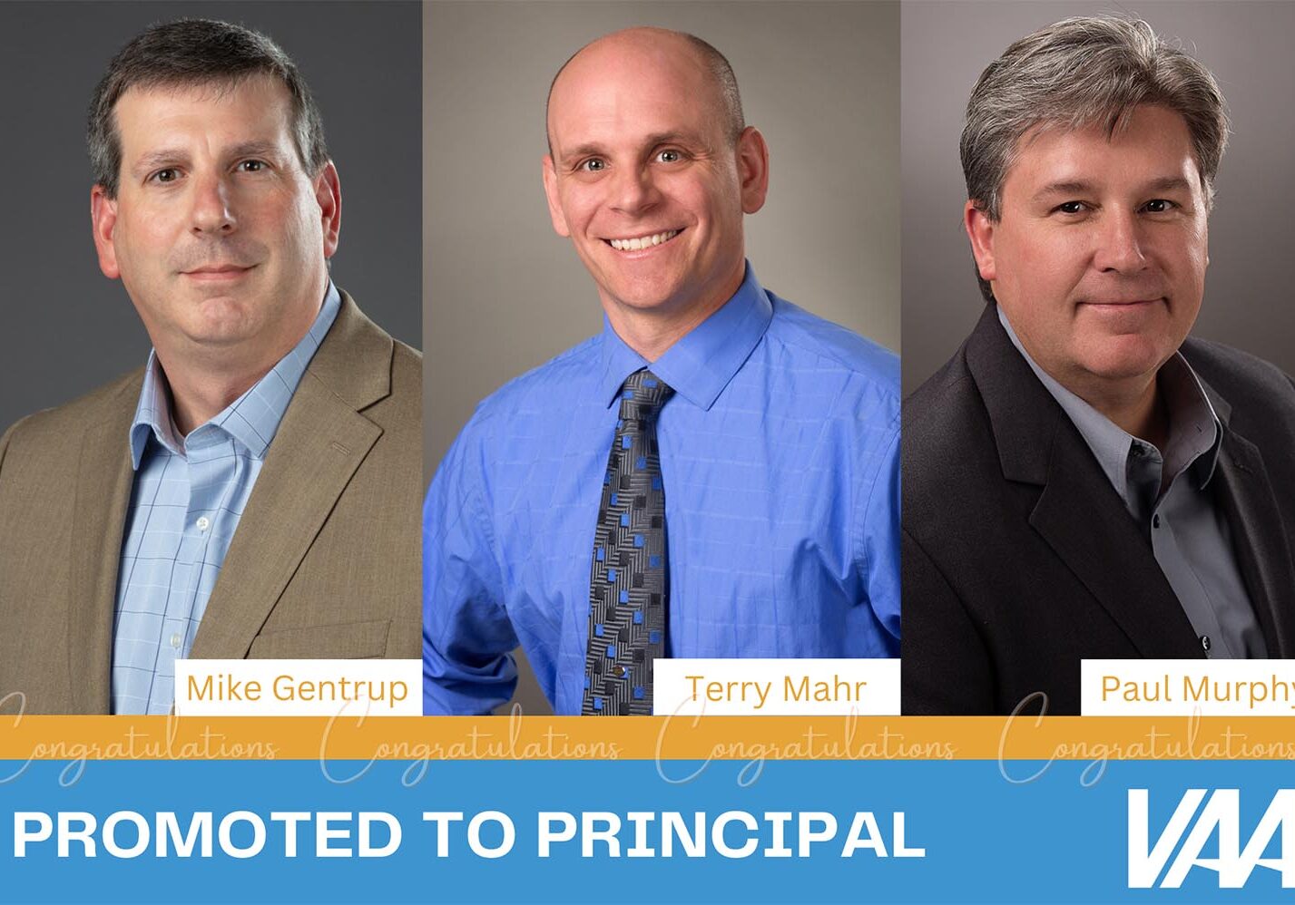 Three men lined up next to one another with tagline, Promoted to Principal